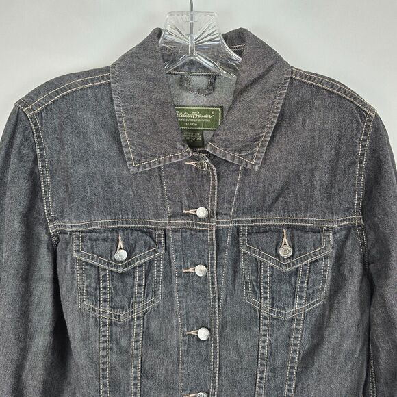 Eddie Bauer Jean Jacket Women's Small Shirt Military Style Charcoal Wash Gray - Picture 2 of 11